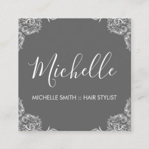 Grey Fancy Corners Script Text Square Business Card