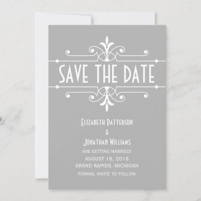 Grey Fancy Ornamental Save the Date Invite (Front)