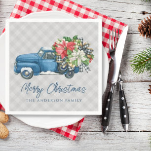 Grey Farmhouse Plaid Vintage Blue Christmas Truck Napkin