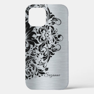 Grey faux aluminium black lace iPhone 12 pro case