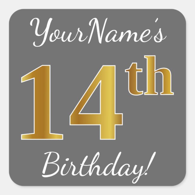 Grey, Faux Gold 14th Birthday + Custom Name Square Sticker (Front)