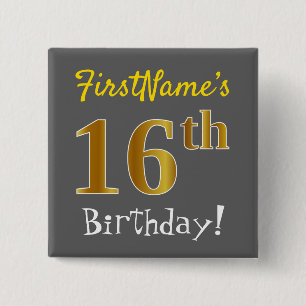 Grey, Faux Gold 16th Birthday, With Custom Name 15 Cm Square Badge