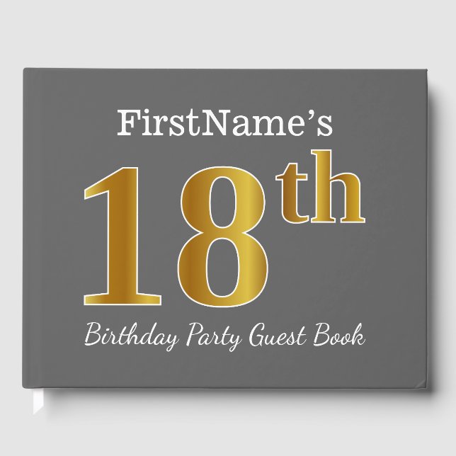 Grey, Faux Gold 18th Birthday Party + Custom Name Guest Book (Front)