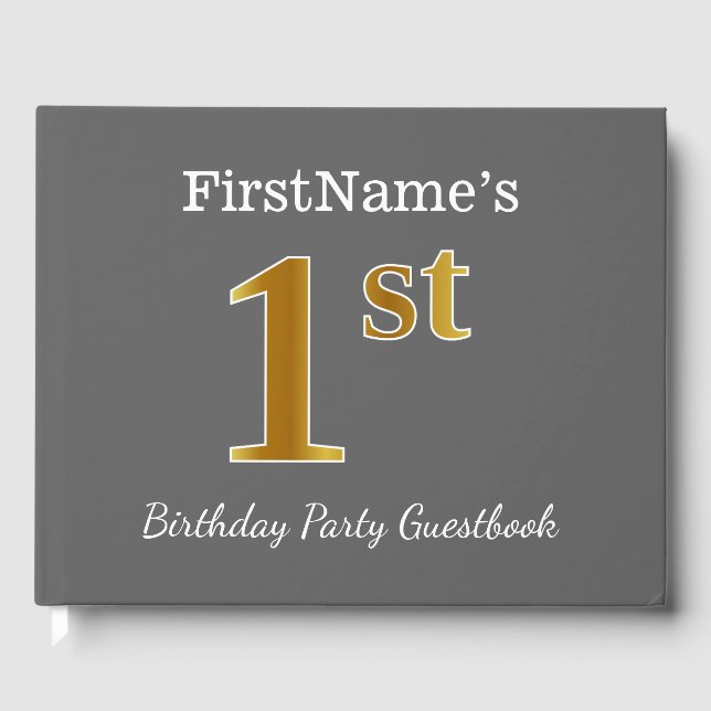 Grey, Faux Gold 1st Birthday Party + Custom Name Guest Book (Front)