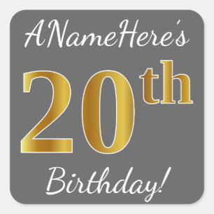 Grey, Faux Gold 20th Birthday + Custom Name Square Sticker
