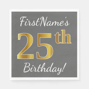 Grey, Faux Gold 25th Birthday + Custom Name Napkin