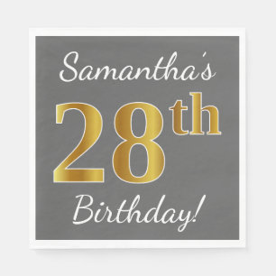 Grey, Faux Gold 28th Birthday + Custom Name Napkin