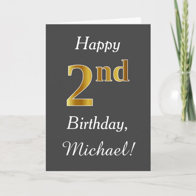 Grey, Faux Gold 2nd Birthday + Custom Name Card (Front)
