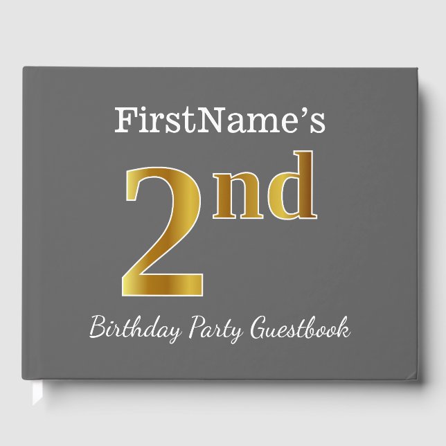 Grey, Faux Gold 2nd Birthday Party + Custom Name Guest Book (Front)