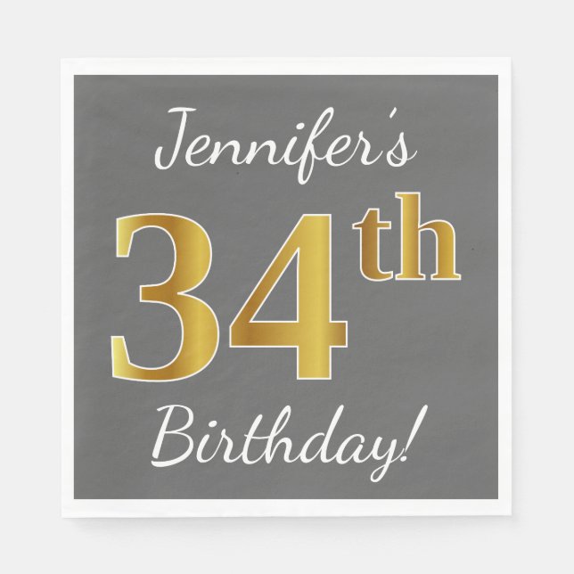 Grey, Faux Gold 34th Birthday + Custom Name Napkin (Front)