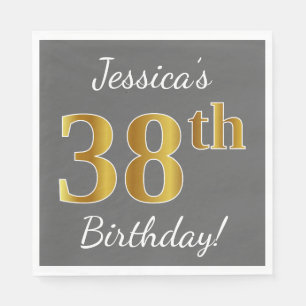 Grey, Faux Gold 38th Birthday + Custom Name Napkin