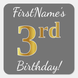Grey, Faux Gold 3rd Birthday + Custom Name Sticker