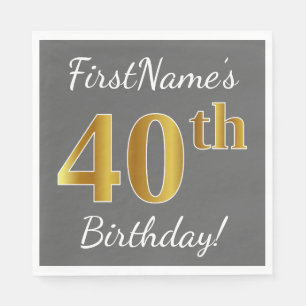Grey, Faux Gold 40th Birthday + Custom Name Napkin