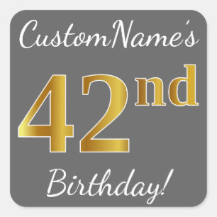 Grey, Faux Gold 42nd Birthday + Custom Name Square Sticker