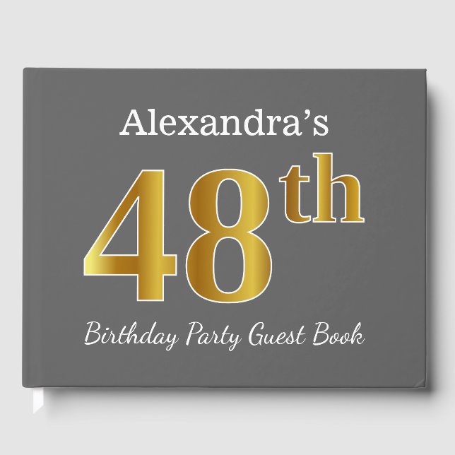 Grey, Faux Gold 48th Birthday Party + Custom Name Guest Book (Front)