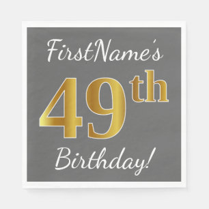 Grey, Faux Gold 49th Birthday + Custom Name Napkin