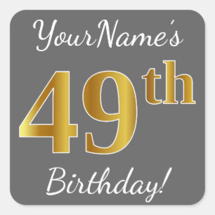 Grey, Faux Gold 49th Birthday + Custom Name Square Sticker