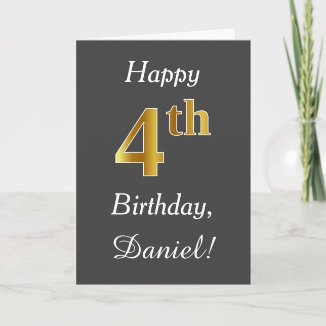 Grey, Faux Gold 4th Birthday + Custom Name Card (Front)