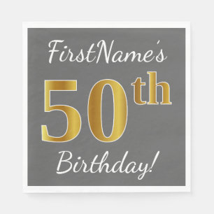 Grey, Faux Gold 50th Birthday + Custom Name Napkin