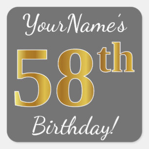 Grey, Faux Gold 58th Birthday + Custom Name Square Sticker