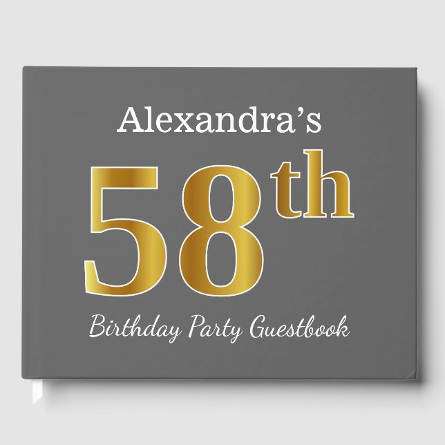 Grey, Faux Gold 58th Birthday Party + Custom Name Guest Book (Front)
