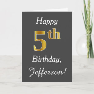 Grey, Faux Gold 5th Birthday + Custom Name Card