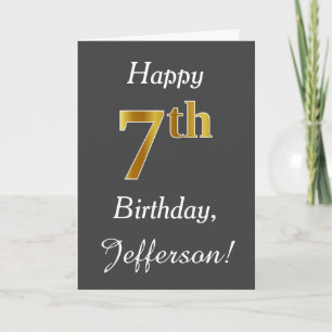 Grey, Faux Gold 7th Birthday + Custom Name Card
