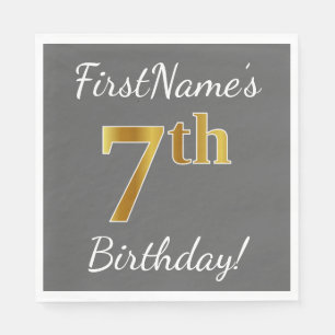 Grey, Faux Gold 7th Birthday + Custom Name Napkin