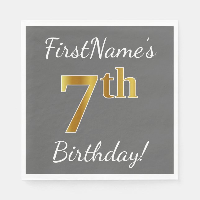 Grey, Faux Gold 7th Birthday + Custom Name Napkin (Front)