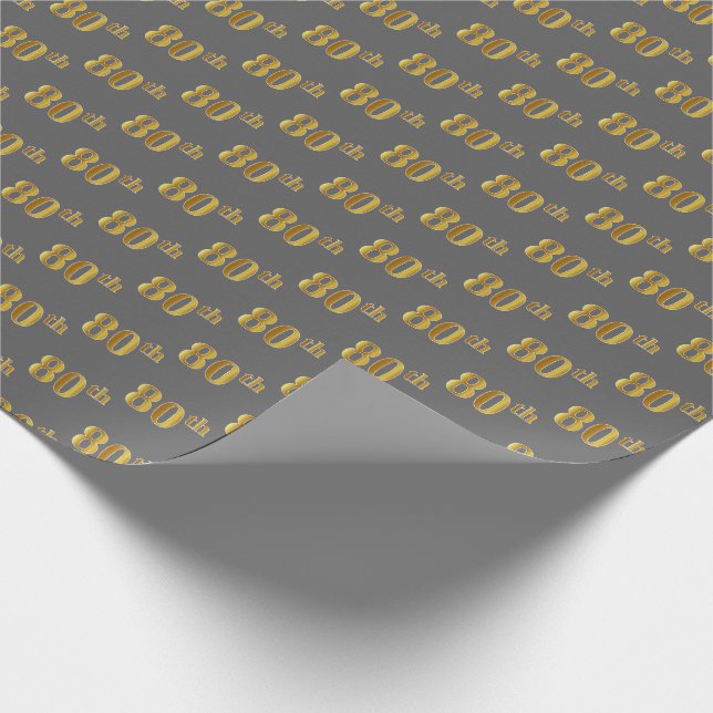 Grey, Faux Gold 80th (Eightieth) Event Wrapping Paper (Corner)