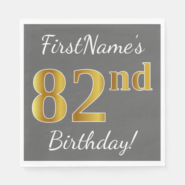 Grey, Faux Gold 82nd Birthday + Custom Name Napkin (Front)