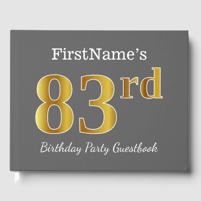 Grey, Faux Gold 83rd Birthday Party + Custom Name Guest Book (Front)