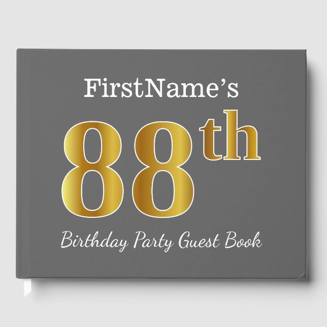 Grey, Faux Gold 88th Birthday Party + Custom Name Guest Book (Front)