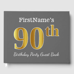 Grey, Faux Gold 90th Birthday Party + Custom Name Guest Book