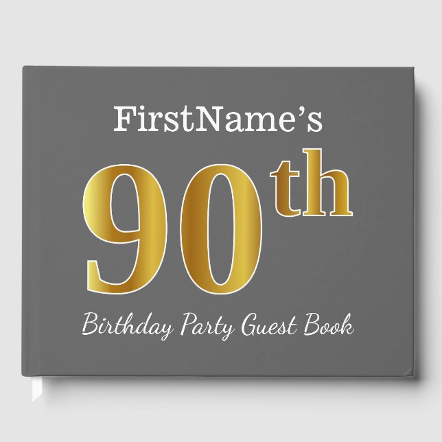 Grey, Faux Gold 90th Birthday Party + Custom Name Guest Book (Front)