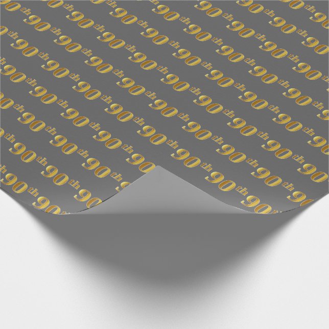 Grey, Faux Gold 90th (Ninetieth) Event Wrapping Paper (Corner)