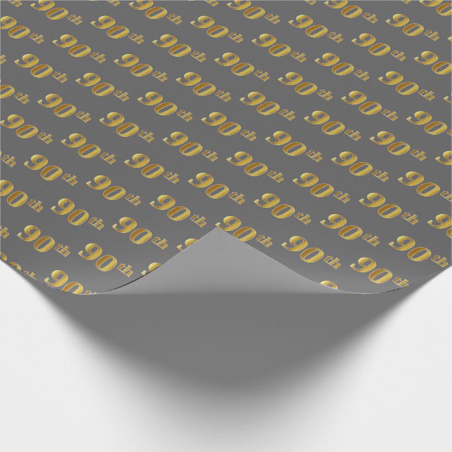 Grey, Faux Gold 90th (Ninetieth) Event Wrapping Paper (Corner)
