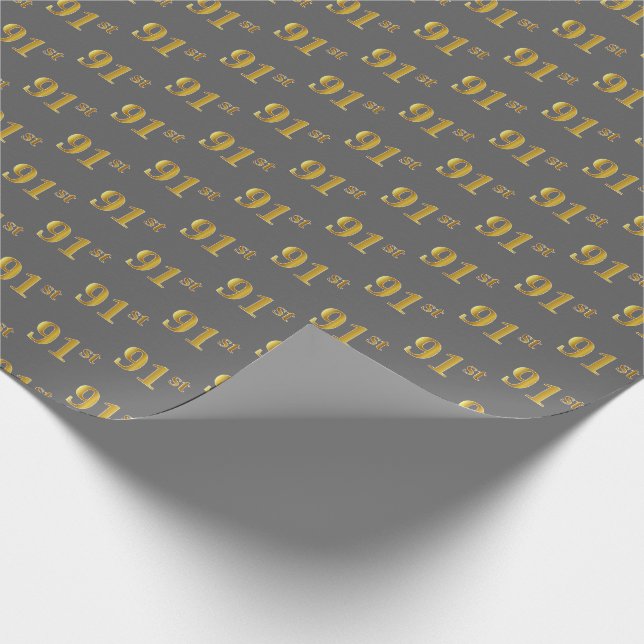 Grey, Faux Gold 91st (Ninety-First) Event Wrapping Paper (Corner)