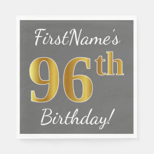 Grey, Faux Gold 96th Birthday + Custom Name Napkin