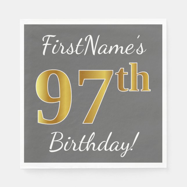 Grey, Faux Gold 97th Birthday + Custom Name Napkin (Front)