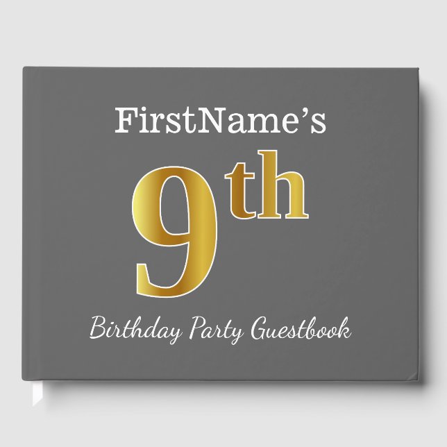 Grey, Faux Gold 9th Birthday Party + Custom Name Guest Book (Front)