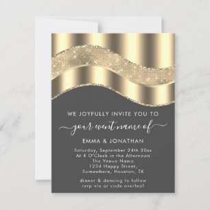Grey Faux Gold Border Wave QR Code Wedding