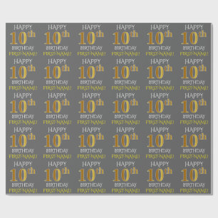 Grey, Faux Gold "HAPPY 10th BIRTHDAY" Wrapping Paper
