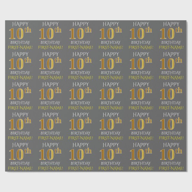 Grey, Faux Gold "HAPPY 10th BIRTHDAY" Wrapping Paper (Flat)