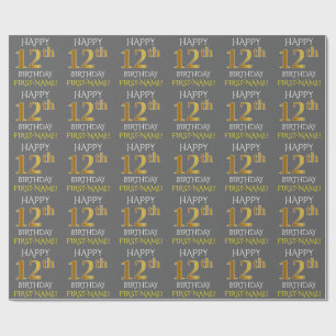 Grey, Faux Gold "HAPPY 12th BIRTHDAY" Wrapping Paper