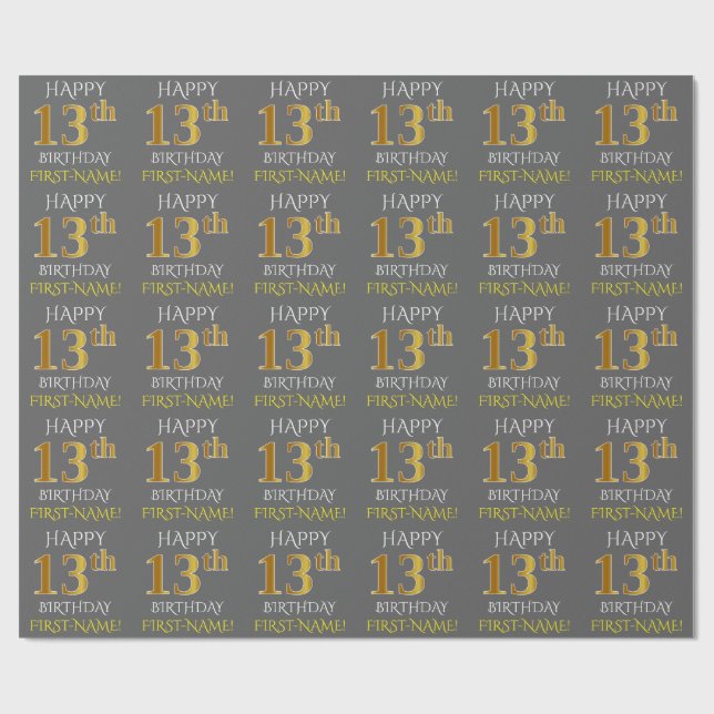 Grey, Faux Gold "HAPPY 13th BIRTHDAY" Wrapping Paper (Flat)