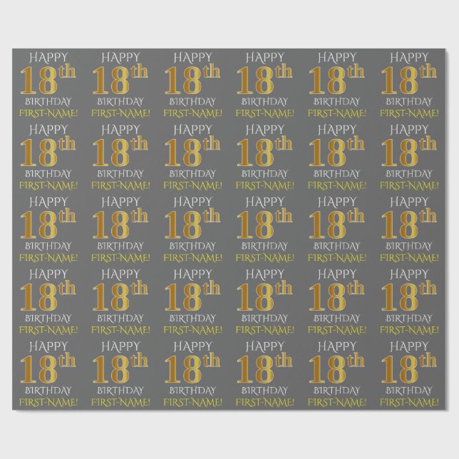 Grey, Faux Gold "HAPPY 18th BIRTHDAY" Wrapping Paper (Flat)