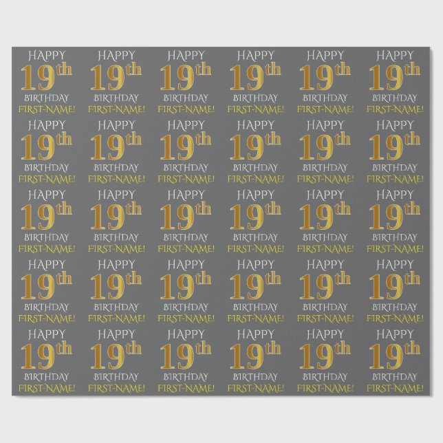 Grey, Faux Gold "HAPPY 19th BIRTHDAY" Wrapping Paper (Flat)