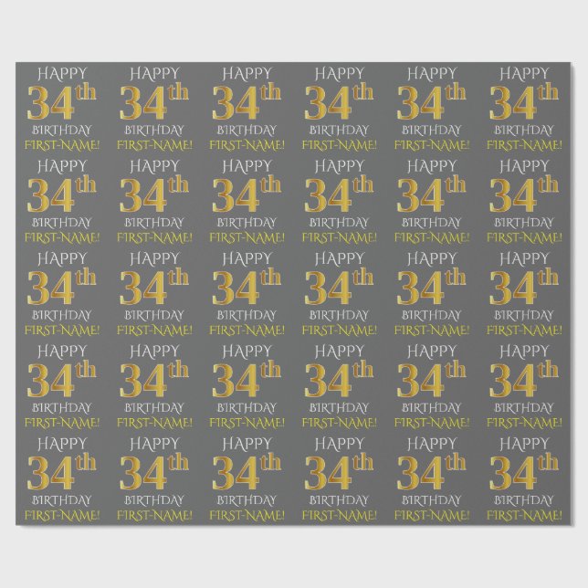 Grey, Faux Gold "HAPPY 34th BIRTHDAY" Wrapping Paper (Flat)