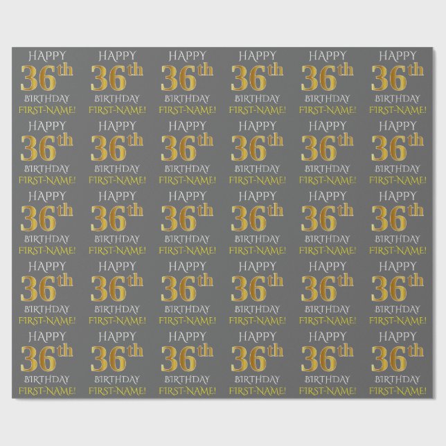 Grey, Faux Gold "HAPPY 36th BIRTHDAY" Wrapping Paper (Flat)